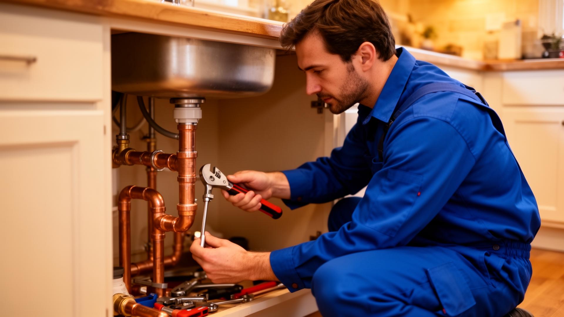Professional plumber fixing pipes under kitchen sink